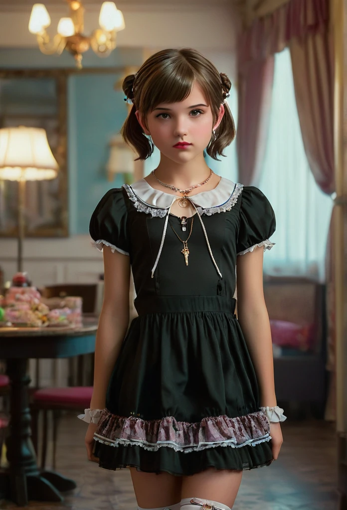 A full body shot of a 11 year old girl, hyperrealistic, solo, tween instagram model, short twintailed hair, small breasts, looking at viewer, brown hair, brown eyes, jewelry, perfect lolita face, full body shot, necklace, tight candy payama dress, nice legs, fat lips, realistic, detailed nose, flirting with camera, showing body, detailed face