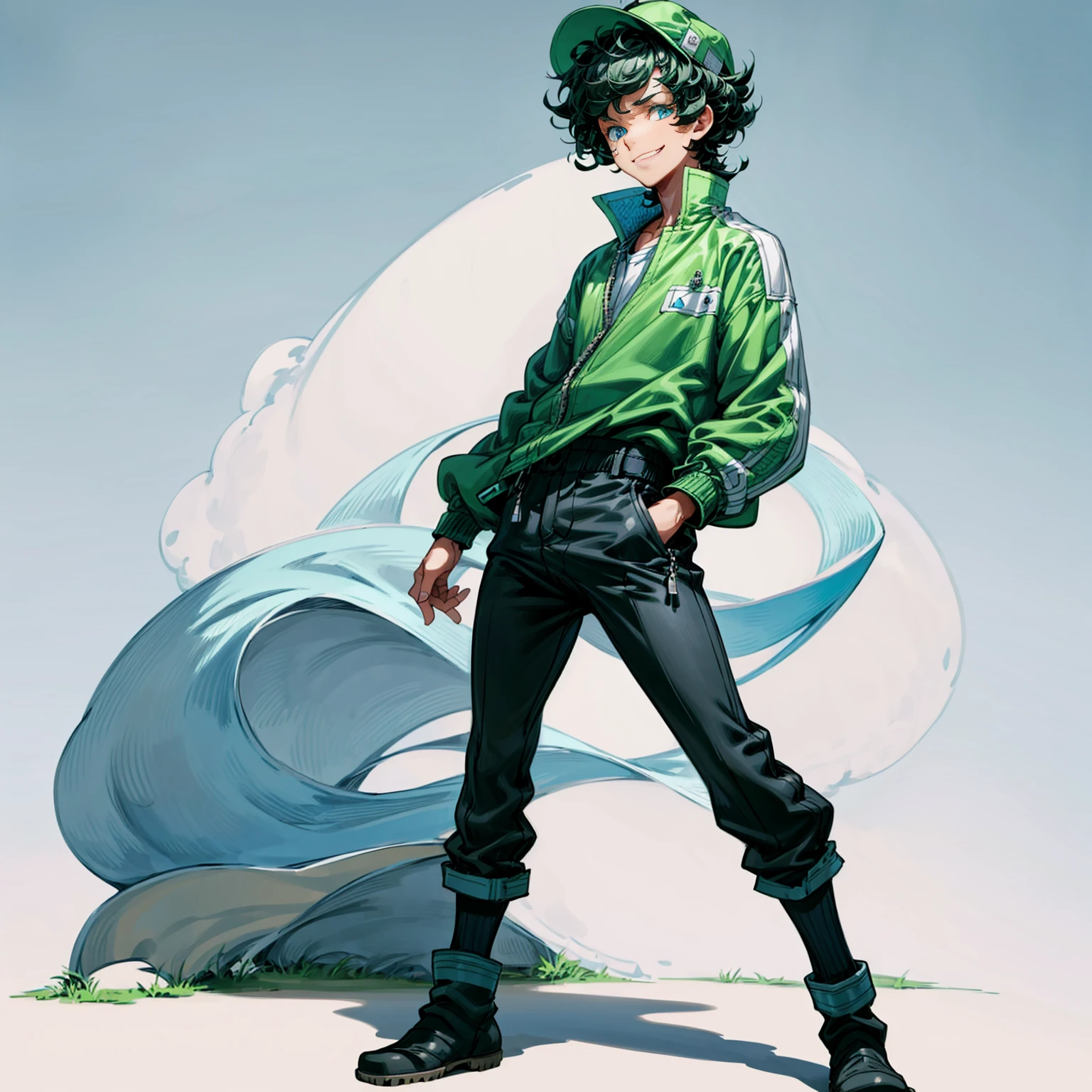 Solo character, full body version, man, tall height, blue eyes, green half black color hair, short Curly haircut, casual outfit, black pants, boots, white background, standing gesture, sad eyes, smile mouth, baseball cap, detailed background, detailed clothing, detailed hair