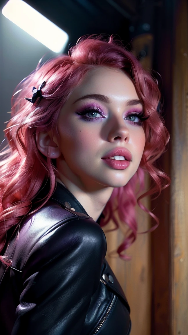 (((ultra realistic))) Photo, masterpiece, top quality, (Pale skin), (Ultra detailed face and eyes.:1.3), 1 girl, adult, on a t-shirt, ((eye makeup, pink mascara)), ((smile)), ((big detailed lips)), ((rosa wavy hair)), ((Chiolka)) , (natural breasts), Thin waist. ((Posing)), Photoshoot, studio (Soft lighting), (The game of lights and shadows), depth of field, bokeh, (Special attention to leather details.: 1.2), detailed leather texture, skin pores. (Warm frame environment.. Color range: violet, rosa, blue tones), DR, ((film grain)), ((good heavens)), (Glare), ((portrait from the waist up)) , ultra detialed, 