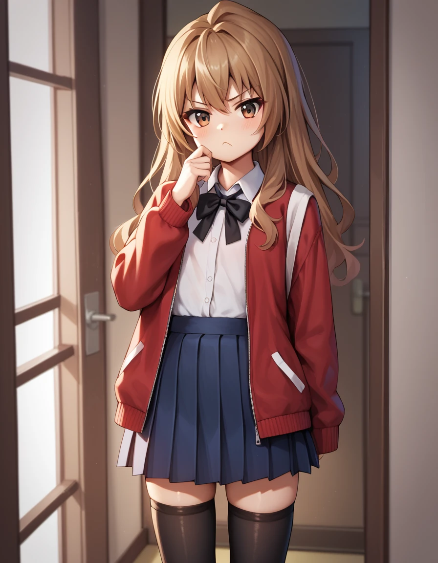 masterpiece, best_quality, 1girl, aisaka_taiga, brown_eyes, brown_hair, long_hair, flat_chest, pleated_skirt, blue_skirt, white_shirt, collared_shirt, black_thighhighs, black_ribbon, neck_ribbon, jacket, red_jacket, pout