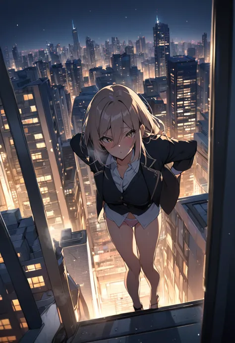 a muscular career woman in a business jacket and panties is urinating profusely towards the skyscrapers at night on the roof of ...