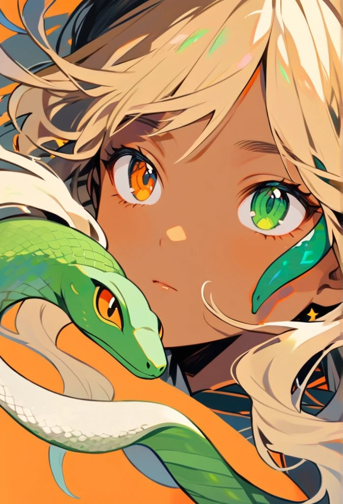 Ghibli, A girl with green snake, girl green eyes, orange eyes snake, blonde hair, tan skin, acrilic art, orange background, face close up