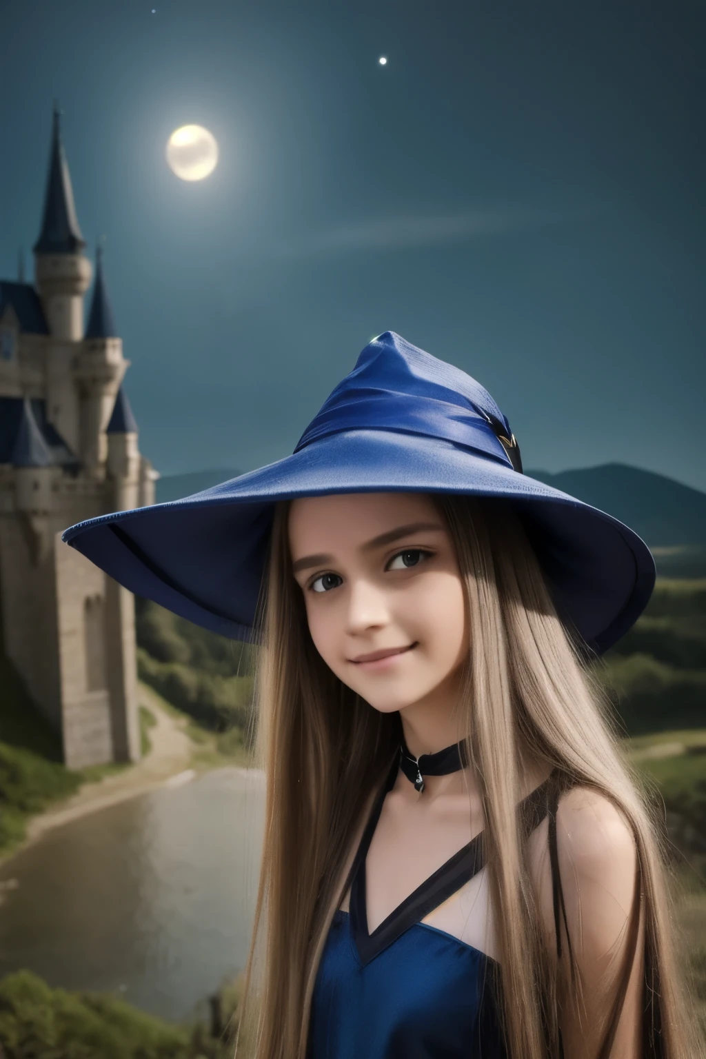 dark magician girl, masterpiece, best quality, (1girl), solo, (water), long hair, blonde hair, blue headwear, wizard hat, spell casting, castle, castle:2, motion blur, book, magic, (moonlight:1.2), chromatic aberration, depth of field, soft lighting, highly detailed face, highly detailed eyes,