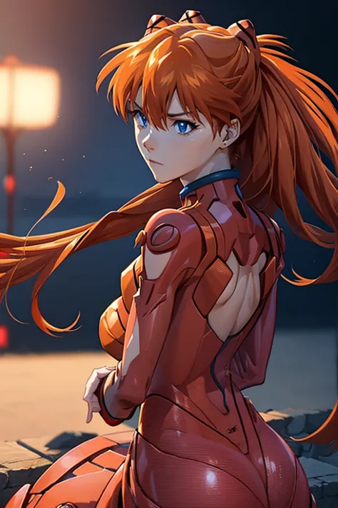 a beautiful girl with red hair wearing a red plugsuit, asuka langley soryu, standing confidently as a model, detailed facial fea...