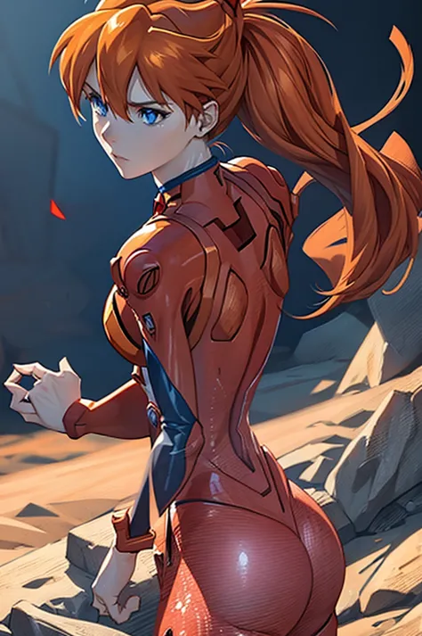 a beautiful girl with red hair wearing a red plugsuit, asuka langley soryu, standing confidently as a model, detailed facial fea...