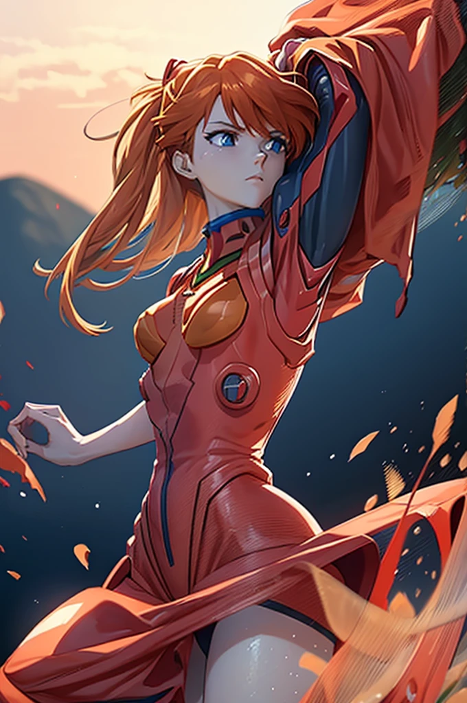 a beautiful girl with red hair wearing a red plugsuit, Asuka Langley Soryu, standing confidently as a model, detailed facial features, piercing blue eyes, flawless skin, elegant pose, white clean background, cinematic lighting, highly detailed, photorealistic, award winning digital art, vibrant colors, 8k, hyper realistic