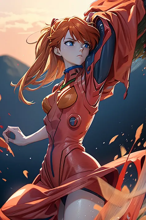 a beautiful girl with red hair wearing a red plugsuit, asuka langley soryu, standing confidently as a model, detailed facial fea...