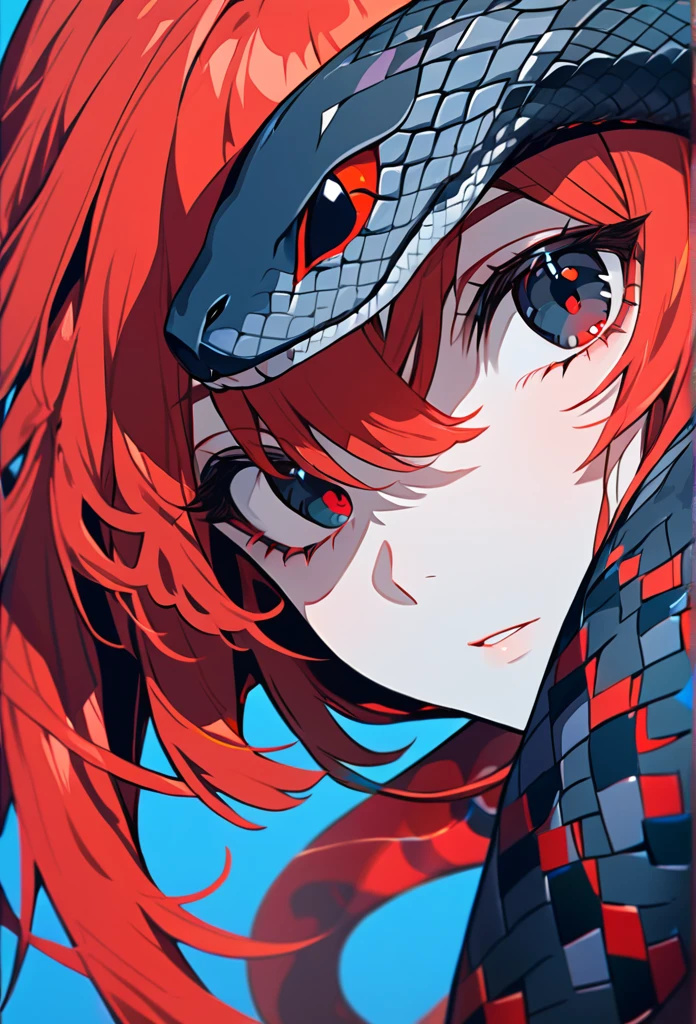 Ghibli, A girl with black snake, girl black eyes, red eyes snake, girl red hair, white skin, acrilic art, blue background, face close up