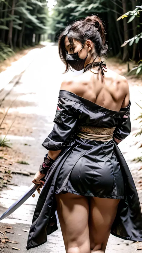 (was:1.3、((A female ninja standing in a fighting position with a weapon in the forest:1.5)、With background)、(Female ninja with a...