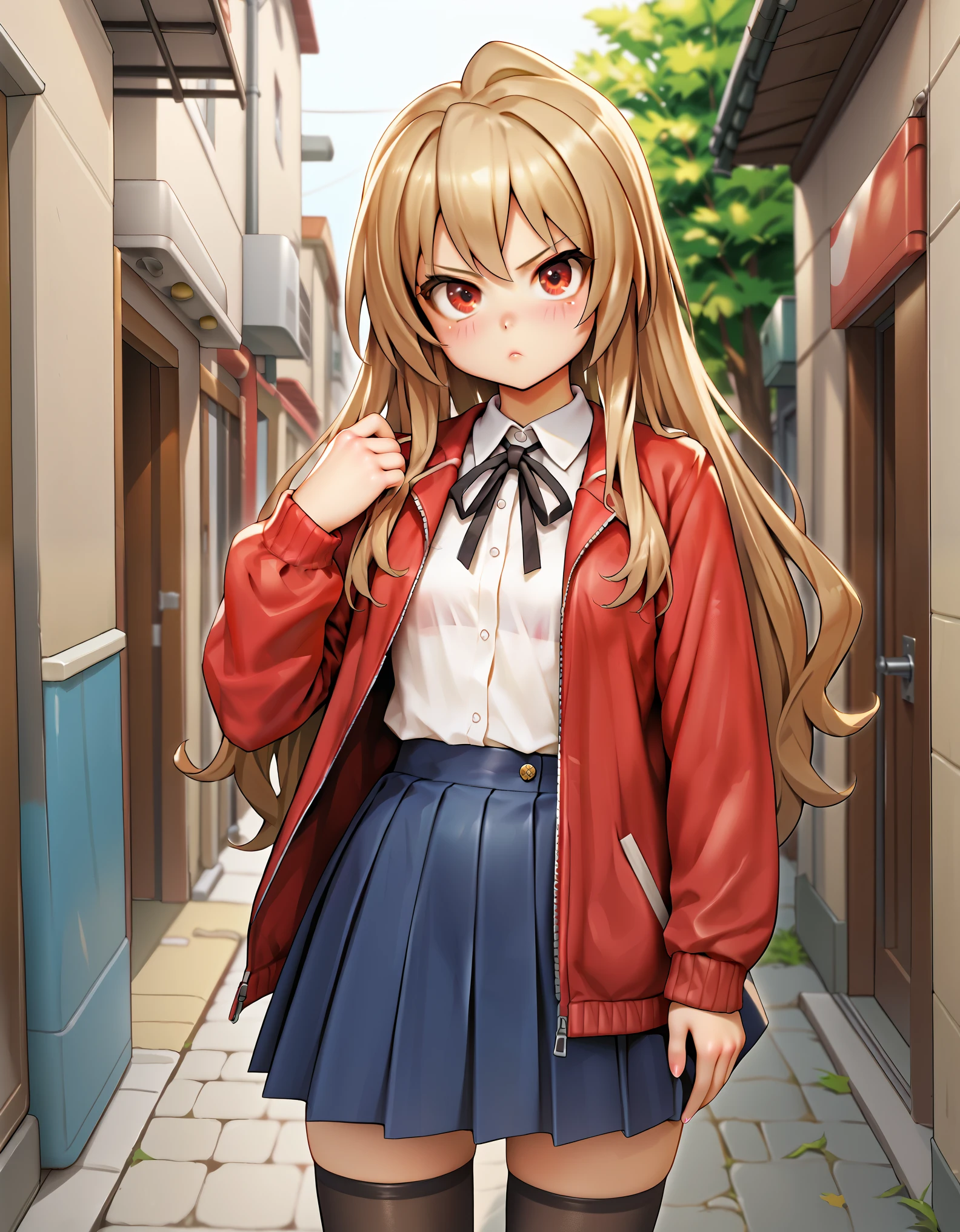 masterpiece, best_quality, 1girl, aisaka_taiga, brown_eyes, brown_hair, long_hair, flat_chest, pleated_skirt, blue_skirt, white_shirt, collared_shirt, black_thighhighs, black_ribbon, neck_ribbon, jacket, red_jacket, pout