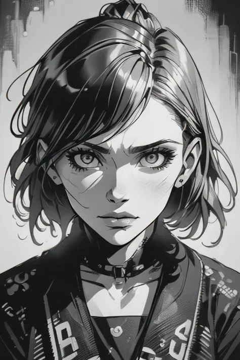 a girl in a mugshot, sketch, black and white, detailed features, vintage style, high contrast lighting, expressive eyes, tousled...