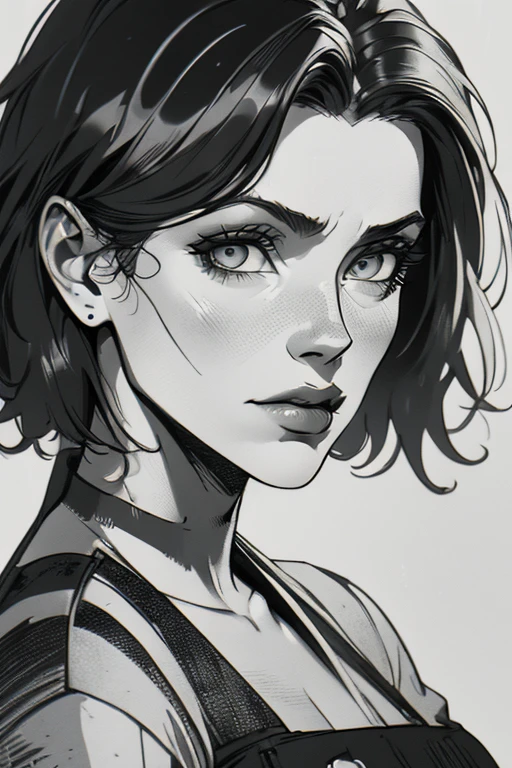 A girl in a mugshot, sketch, black and white, detailed features, vintage style, high contrast lighting, expressive eyes, tousled hair. (best quality, highres, realistic:1.37), vintage, monochrome, intense gaze, dramatic lighting, rugged background, distressed paper texture, retro vibes, id photo, front view