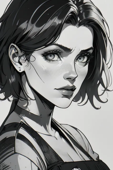 a girl in a mugshot, sketch, black and white, detailed features, vintage style, high contrast lighting, expressive eyes, tousled...