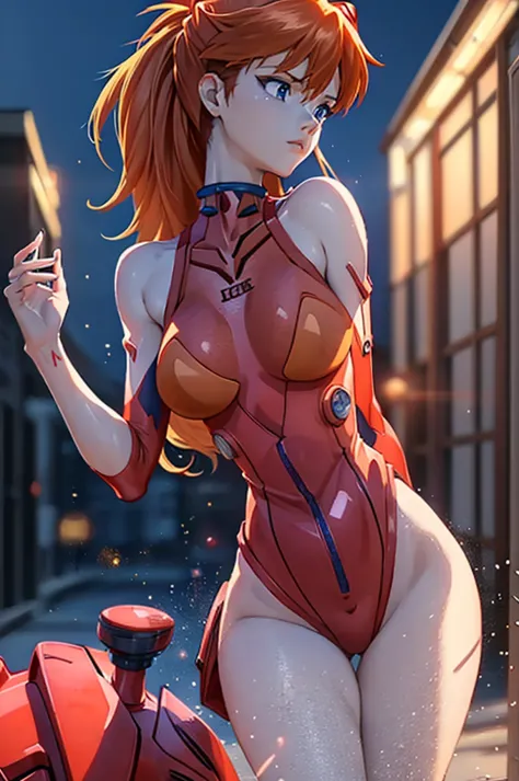 a beautiful girl with red hair wearing a red plugsuit, asuka langley soryu, standing confidently as a model, detailed facial fea...