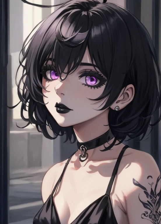 masterpiece,(best quality,top quality,8k),illustration,painting,detailed eyes and face,(1girl), purple eyes, black hair, messy hair, short hair, hair between eyes,(tatto:1.2), wolfcut, pixie cut, goth, gothic, choker, black lips, (black dress:1.1)