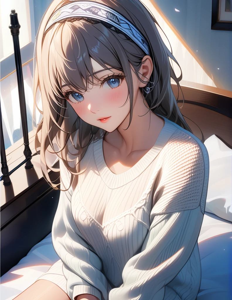 masterpiece, top quality, Super details, 8K, Detail lights, Detailed shadows, raw, (delicate skin), (real: 1.2),, 1 girl, grey hair, White sexy sweaters，Eye close-up，sitting on bed, half body, headband 