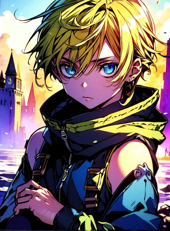 An 11-year-old boy with golden hair, Center-parted hairstyle, a cunning gaze, a slender figure, a fantasy-realistic style blue sleeveless vest with a hood, a yellow-green undershirt, blue jeans, Within a medieval town of fantasy style, this character embodies a finely crafted child with a fantasy-realistic style in anime style, characterized by an exquisite and mature manga illustration art style, full body character drawing, high definition, best quality, highres, ultra-detailed, ultra-fine painting, extremely delicate, professional, anatomically correct, symmetrical face, extremely detailed eyes and face, high quality eyes, creativity, RAW photo, UHD, 8k, Natural light, cinematic lighting, masterpiece-anatomy-perfect, masterpiece:1.5