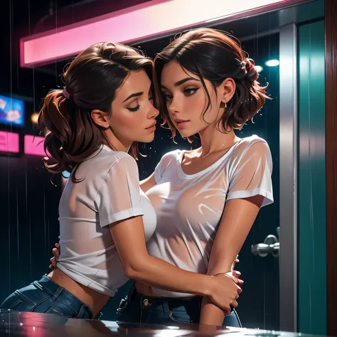 two women (one woman is 60 years old and the other is 18 years old.) at the bathroom door of the nightclub, lips touching, wet s...