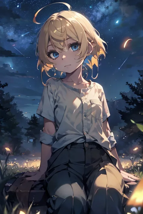 a young guy with blond hair in a loose shirt and trousers sits in the grass looking at the sky, a slight smile, fireflies, shini...