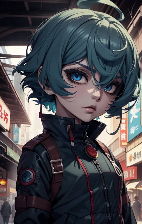 first work,Detailed,High resolutions:1.4) , Model photo, to close, Detailed face, Fine, detailed eyes,, (Kirishima Touka),medium blue hair,ojo ghoul,retro jacket,Tokyo Ghoul,retrofuturistic background, vibrant colors, HdR,, ,