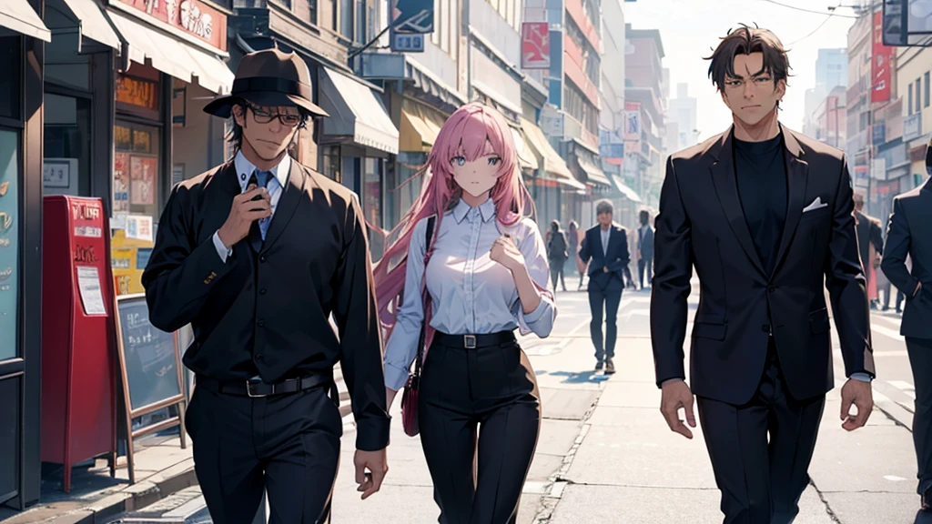 Anime style：A middle-aged entrepreneur，Walking in the street；The bodyguard next to the entrepreneur stretched out his left hand to stop the entrepreneur.，Look straight ahead，Cautious look；There was a killer in front of them with a gun pointed at them.