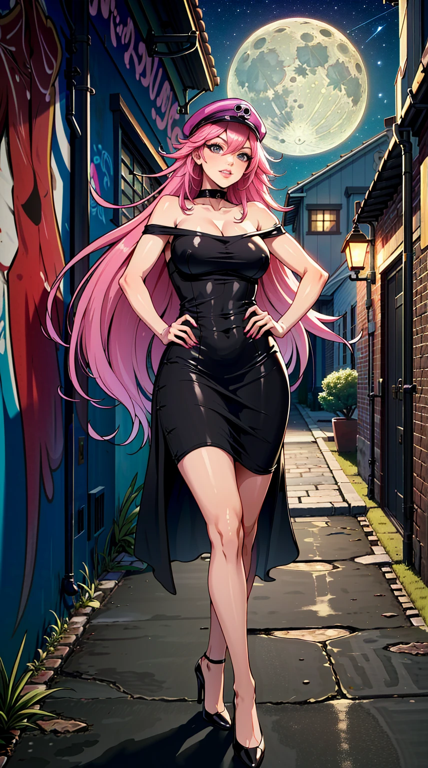 (masterpiece: 1.4), (best quality: 1.4), (nonsense: 1.4), pin-up, , Poison_long_hair_aiwaifu, Poison_long_hair_aiwaifu, spiky hair, hat, big hair, very_long_hair, pink hair, pink_hair, big_hair, ((black dress, tight dress, linen dress, white black high heel, high heel, alley, night, milky way, stars, moon, alley at night, building, graffitied walls, brick wall, houses, Chanel))