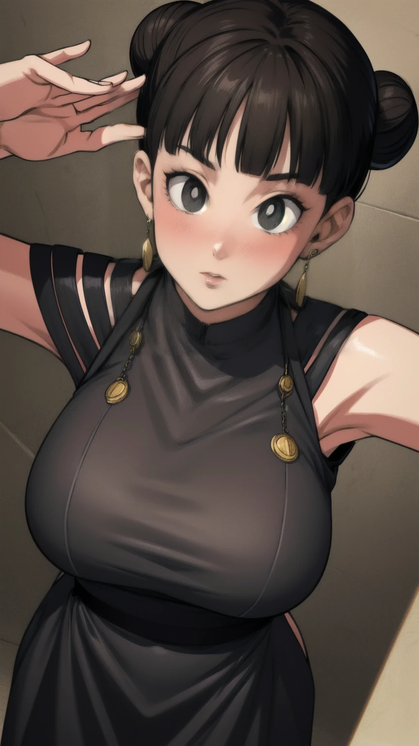 masterpiece,8k high quality detailed,highres,anime,, illustration \(art_book\),(an illustration of a female,illustration \(female\),(solo)), ,chichi_dbz,1girl,short hair,brown hair,single hair bun,blunt bangs,black eyes,blush,earrings,large breasts,(black_little_dress),Contentment,detailed_face, ((Saluting)), From a bird's-eye view, capturing the entirety from above, (,realistic clothing texture,realistic_skin_texture),