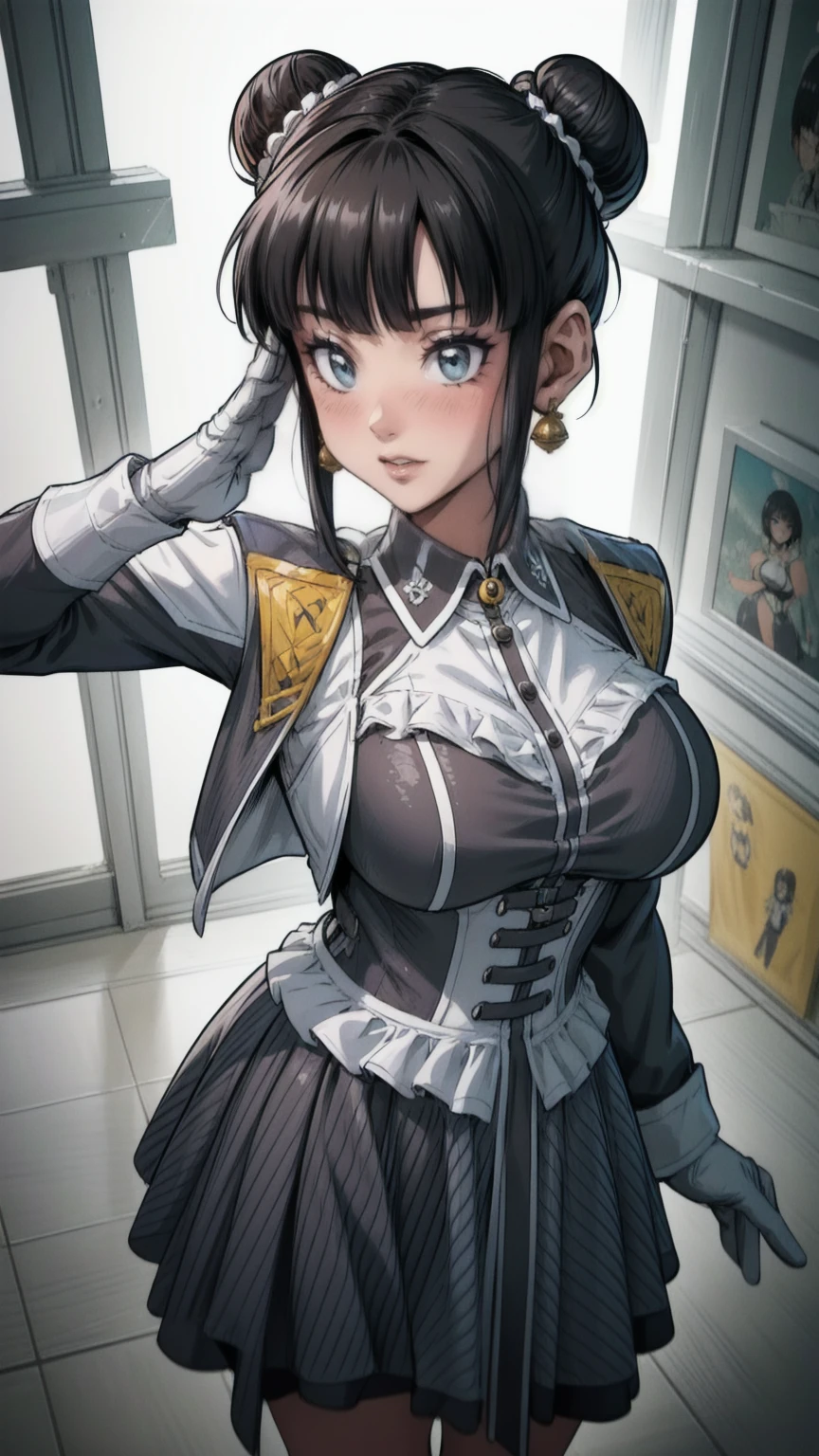 masterpiece,8k high quality detailed,highres,anime,, illustration \(art_book\),(an illustration of a female,illustration \(female\),(solo)), ,chichi_dbz,1girl,short hair,brown hair,single hair bun,blunt bangs,black eyes,blush,earrings,large breasts,(black_little_dress),Contentment,detailed_face, ((Saluting)), From a bird's-eye view, capturing the entirety from above, (,realistic clothing texture,realistic_skin_texture),