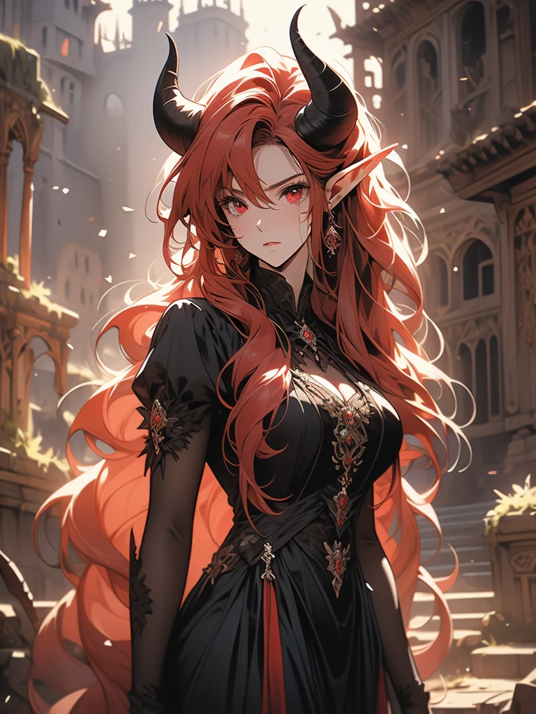 (masterpiece, high quality, highly detailed) 
A beautiful demon woman, in her 30s, with goat-like horns. She has long, flowing red hair and piercing red eyes, with fair skin and pointed elf-like ears. Her body is beautifully curved. She stands in the midst of a crumbling castle, the aftermath of a fierce battle visible around her. Her face shows signs of fatigue, and she has various injuries on her body. She wears revealing medieval-style clothing, primarily in black, that accentuates her curves. The background features the ruins of the castle, with debris and broken walls, adding a dramatic and melancholic atmosphere to the scene.