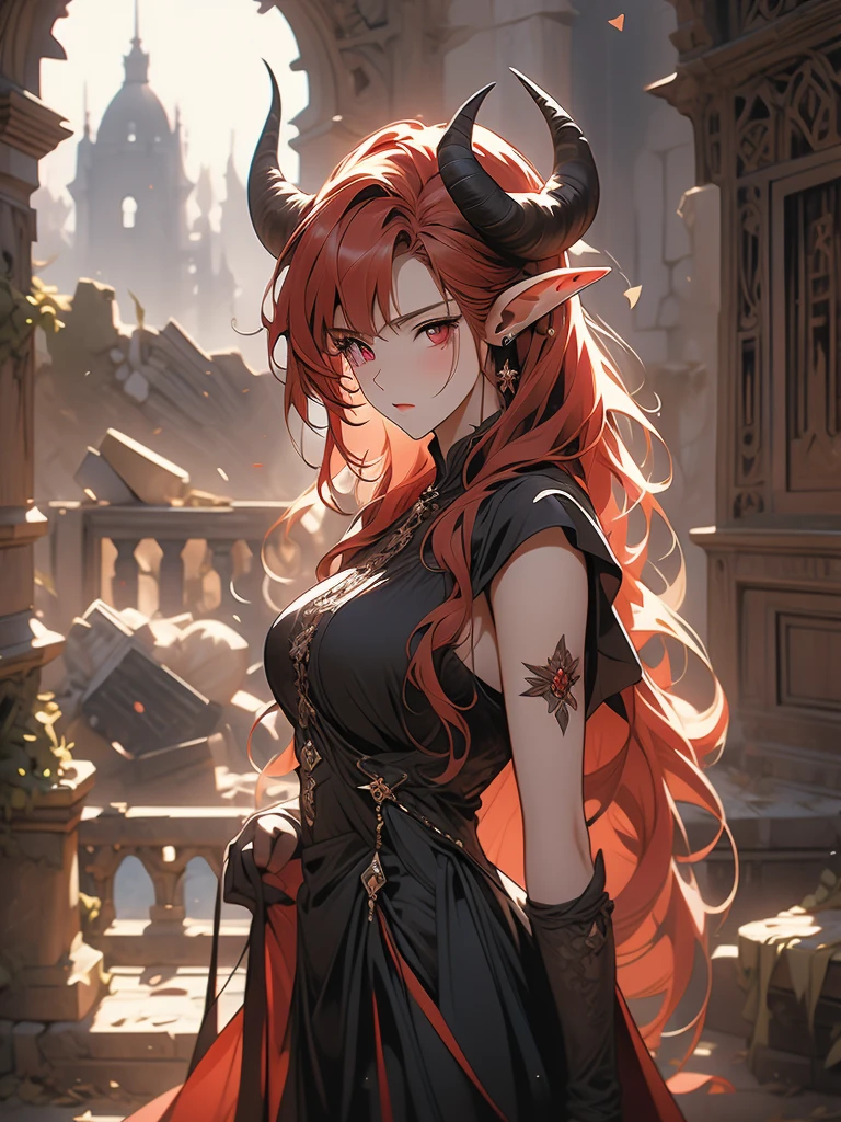 (masterpiece, high quality, highly detailed) 
A beautiful demon woman, in her 30s, with goat-like horns. She has long, flowing red hair and piercing red eyes, with fair skin and pointed elf-like ears. Her body is beautifully curved. She stands in the midst of a crumbling castle, the aftermath of a fierce battle visible around her. Her face shows signs of fatigue, and she has various injuries on her body. She wears revealing medieval-style clothing, primarily in black, that accentuates her curves. The background features the ruins of the castle, with debris and broken walls, adding a dramatic and melancholic atmosphere to the scene.