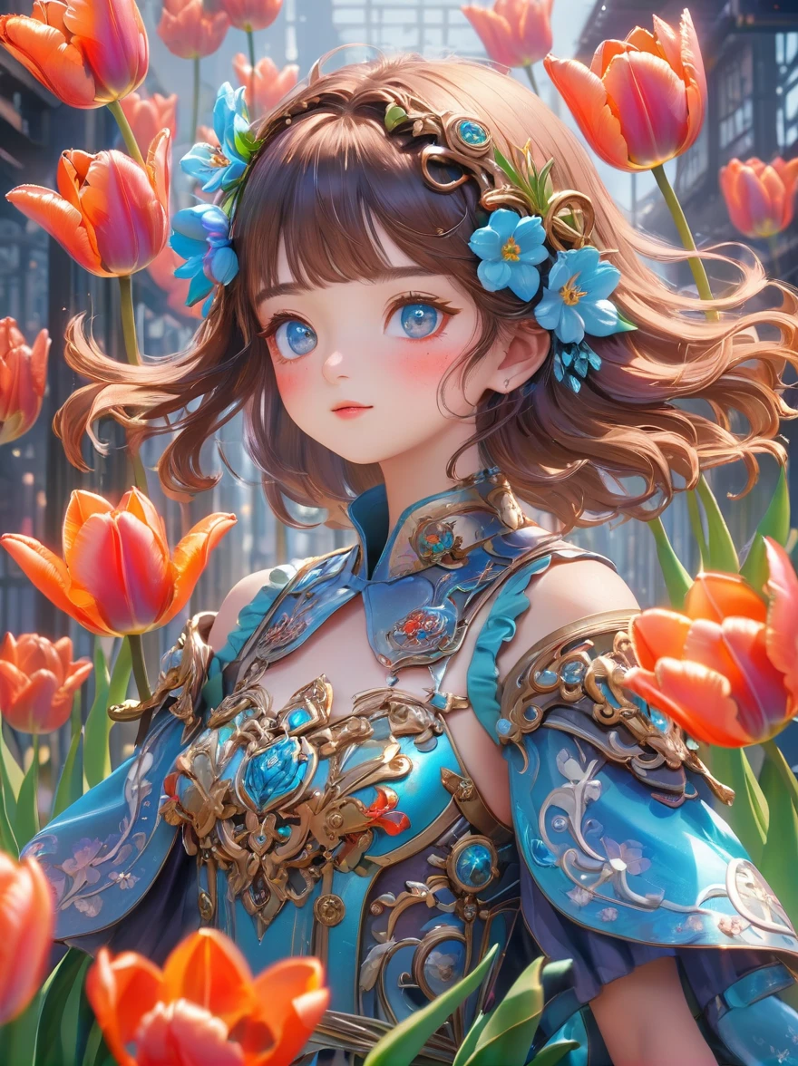 (3D，Mechanical feel，cute，ais-scrapyrd 1girl，tulip)，(使用广角镜头拍摄whole body图像:1.9)，(masterpiece:1.1)，(Highest quality:1.1)，(HDR:1.0)，Ambient Light，Ultra high quality，(Ultra-detailed original illustrations)，(1 Girl，whole body)，(彩虹tulip花裙)，(Slender thighs)，(由tulip花朵制成的鞋子: 1.5)，((Harajuku Fashion))，((Flowers with human eyes，Eye disease))，Double Exposure，Fusion of Fluid Abstract Art，Fault，(Original illustration composition)，(Limited color blending，Extreme art style，Geometric artstyle), , Colorful neon lights，High-tech mechanical parts，Metal body，(详细的振金tulip花朵设计:1.9)，Vibrant colors，动态发光tulip花朵，Reflective metal surface，Bright environment，Dynamic poses，Exquisite existence，Skills Improvement，Interlocking mechanical gears，Stylish design，motion blur effect，Detailed metal treatment，Sci-fi atmosphere，Streamlined aerodynamic shape，Laser scanning pattern，Holographic projection，LED light track，Beautiful and unforgettable，Advanced sensors，Complex algorithms，Ominous and mysterious atmosphere，Electric Spark，Shiny chrome，Propulsion systems of the future，(Best quality，8k，high resolution，masterpiece:1.2)，Super detailed，(whole body:1.8), magazine photography，一个cute的女孩形象，Popular on social platforms，((Dopamineism))，(((Dopamine color matching)))，Dopamine，(in the style of Y2K)，Luo Erchun，3D古风，Oriental poetry and painting