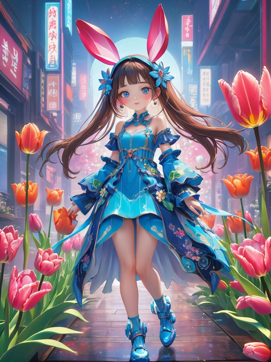 (3D，Mechanical feel，cute，ais-scrapyrd 1girl，tulip)，(使用广角镜头拍摄whole body图像:1.9)，(masterpiece:1.1)，(Highest quality:1.1)，(HDR:1.0)，Ambient Light，Ultra high quality，(Ultra-detailed original illustrations)，(1 Girl，whole body)，(彩虹tulip花裙)，(Slender thighs)，(由tulip花朵制成的鞋子: 1.5)，((Harajuku Fashion))，((Flowers with human eyes，Eye disease))，Double Exposure，Fusion of Fluid Abstract Art，Fault，(Original illustration composition)，(Limited color blending，Extreme art style，Geometric artstyle), , Colorful neon lights，High-tech mechanical parts，Metal body，(详细的振金tulip花朵设计:1.9)，Vibrant colors，动态发光tulip花朵，Reflective metal surface，Bright environment，Dynamic poses，Exquisite existence，Skills Improvement，Interlocking mechanical gears，Stylish design，motion blur effect，Detailed metal treatment，Sci-fi atmosphere，Streamlined aerodynamic shape，Laser scanning pattern，Holographic projection，LED light track，Beautiful and unforgettable，Advanced sensors，Complex algorithms，Ominous and mysterious atmosphere，Electric Spark，Shiny chrome，Propulsion systems of the future，(Best quality，8k，high resolution，masterpiece:1.2)，Super detailed，(whole body:1.8), magazine photography，一个cute的女孩形象，Popular on social platforms，((Dopamineism))，(((Dopamine color matching)))，Dopamine，(in the style of Y2K)，Luo Erchun，3D古风，Oriental poetry and painting