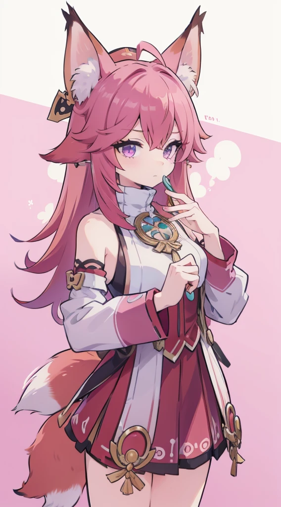 Fox Girl，Fox ears，Fox Tail，Big furry tail，Big furry ears，大号Fox ears，巨大Fox ears，Big furry ears，Pink Hair，Pink hair，Pink Hair，Long hair，Wearing hair，style of magical girl洛丽塔服装，Pink Lolita costume，Pink dress，style of magical girl，Sister，cute，Shy