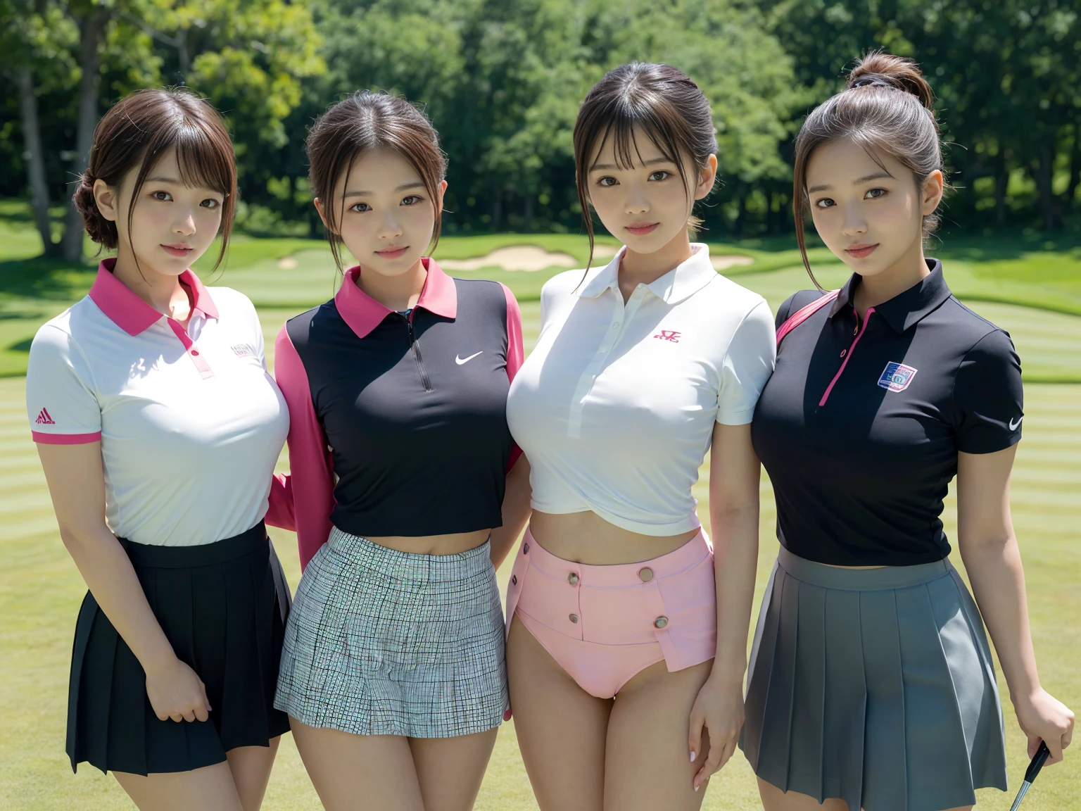 masterpiece, Highest quality, figure, Very detailed, The finer details, High resolution, 8k,wallpaper, Perfect dynamic composition,(Detailed high quality, Realistic depiction of eyes:1.3), (Three Girls), Tight-fitting golf wear with buttons on the collar and chest, Tight golf skirt, Seraphim, Short Bob Hair, The background is an empty golf course, Deep in the field, Large Breasts, Black hair color, Big Natural Color Lip, (Perfect figure), (smile)、Harajuku Style、Elementary school girl in Japan:1.3), Adorable expression、Expressions of happiness、10 years old、height: 145cm、Baby Face、Amazingly cute、Cute type、Beautiful feet, Idol Sculpture、(Big Breasts)、(Erect nipples:1.1)、Lift up your skirt and show off your panties