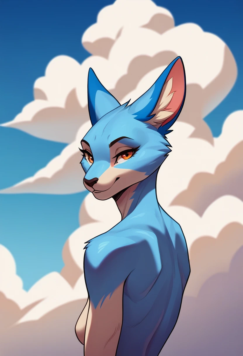 score_9, score_8_up, score_8, 1girl, source_cartoon, source_furry, blueyxl, bluey heeler, (boxchibi:0.4), 18 year old girl, cowboy shot, anthro, furry, tail, blue body, animal ears, flat shaded background, sky, day, cloud, blue sky, femanine, beautiful face, face focus, headshot, portrait, head focus, , detailed fur texture, looking at viewer, dynamic angle, dynamic pose,