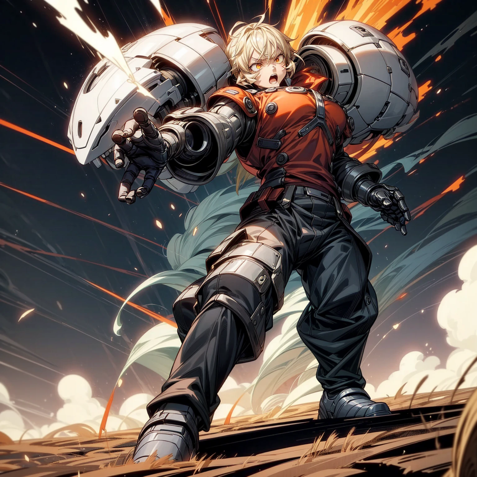 Solo character, full body version, man, big muscle, yellow eyes, gray color hair, short Curly haircut, round eyes, topless, black cargo pants, white boots, white background, standing battle gesture, Large mechanical arm, robotic hand, angry eyes, open mouth, angry, smoke effect, bazooka robot in hand, fire, field, electricity, lightning strikes, glowing eyes, very angry, metallic, robotic, detailed background, detailed clothing, detailed hair, detailed face, (boku no hero academia style art)