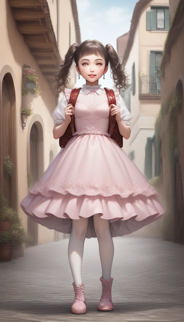 (highest quality、realistic, masterpiece、、best image quality、hyper realism、Award-winning work)、(solo:1.1)、(1 photo:1.1)、(Feminine and girly  frilly  dress:1.2)、(Perfect straight twin tails:1.2)、(low length:1.1)、(Height: 150cm:1.1)、small breasts, earrings, jewelry, luxury dress、emphasize body line、slender body、Standing gracefull、Full body photo of a woman standing gracefully、accurate anatomy、perfect makeup、long eyelashes、glossy lips、Ultra high definition glossy skin、(Ultra-high definition bright and beautiful skin:1.1)、Ultra-high definition glossy lips、Super high definition beautiful teeth, wearing randoseru backpack, (randoseru backpack:1.2), Lolita dress, party dress, party costume, cute dress, outdoor, standing, fullbody, (fullbody:1.2), wear white pantyhose, white stockings, white heeled boots, (boots:1.2)