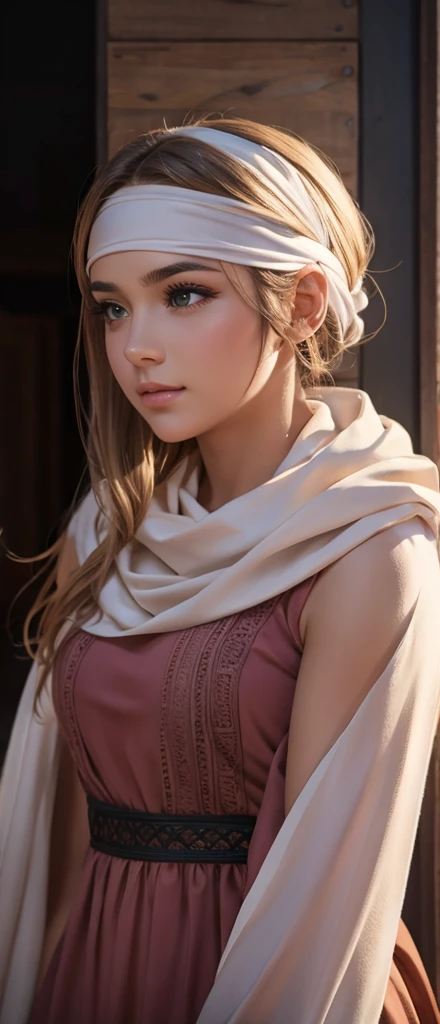 a beautiful girl , standing alone with a cowl headband, profile view looking at the viewer, extremely detailed eyes and face, masterpiece, best quality, high resolution, photorealistic, ultra-detailed, intricate details, delicate features, soft lighting, warm color tones, elegant, feminine, graceful, serene expression