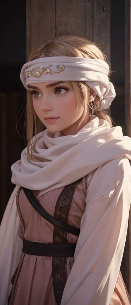 a beautiful girl , standing alone with a cowl headband, profile view looking at the viewer, extremely detailed eyes and face, masterpiece, best quality, high resolution, photorealistic, ultra-detailed, intricate details, delicate features, soft lighting, warm color tones, elegant, feminine, graceful, serene expression