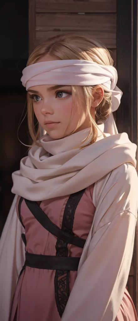 a beautiful girl , standing alone with a cowl headband, profile view looking at the viewer, extremely detailed eyes and face, masterpiece, best quality, high resolution, photorealistic, ultra-detailed, intricate details, delicate features, soft lighting, warm color tones, elegant, feminine, graceful, serene expression