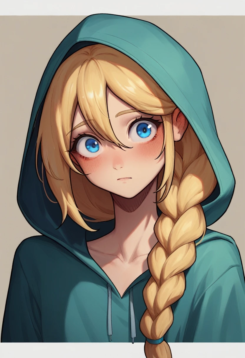 score_9, score_8, score_7, robyngoodfellowe, wolfwalkers_studio_saloon_style, 1girl, blonde hair, solo, hood, blue eyes, hood up, blush, long hair, braid, wide-eyed, looking at viewer, meme, hair over shoulder