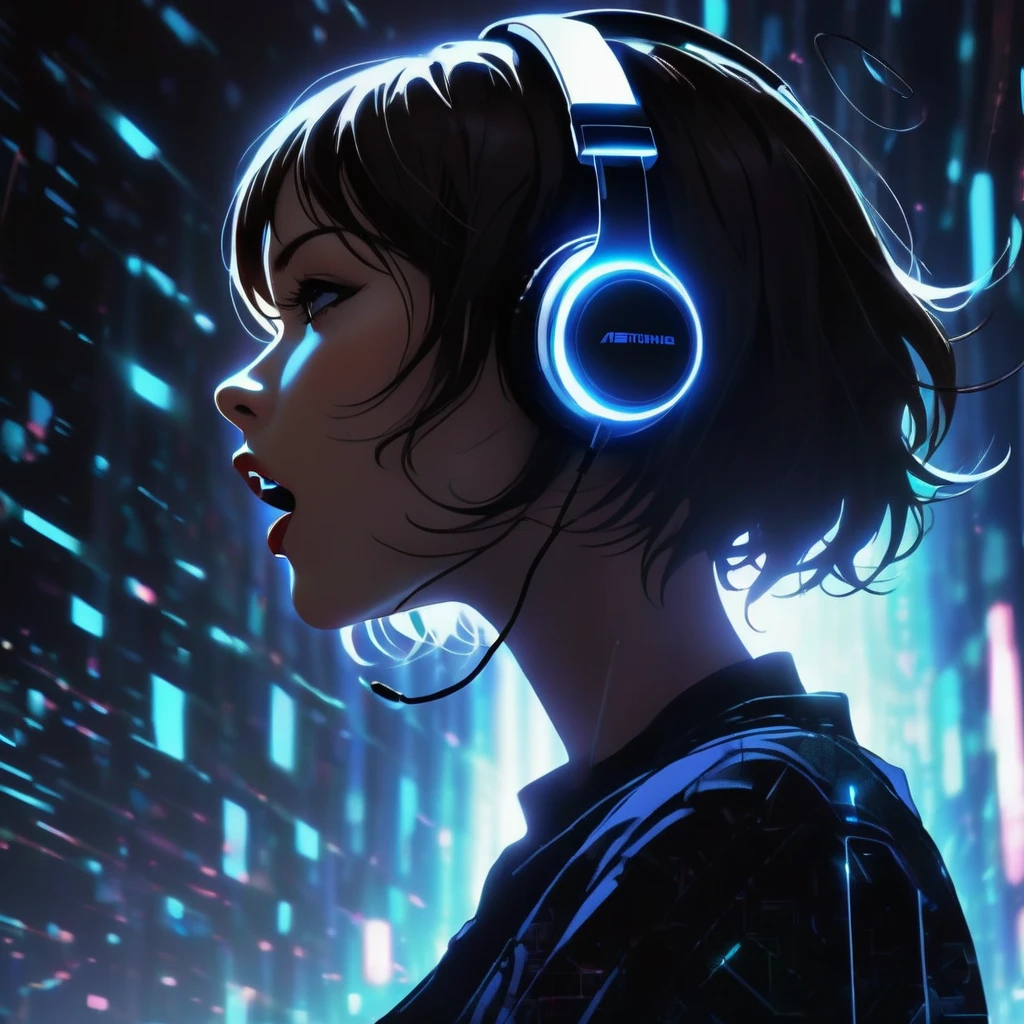 Masterpiece, highest quality, highest resolution, detailed depiction, delicate depiction, beautiful, art, woman, {{silhouette of a woman}}, profile silhouette, silhouette of a woman wearing headphones, silhouette of a woman singing with her mouth open, looking up,bob haircut, scene where music spreads from her mouth, scattered audio spectrum, background of a cyber beam, 4K graphics