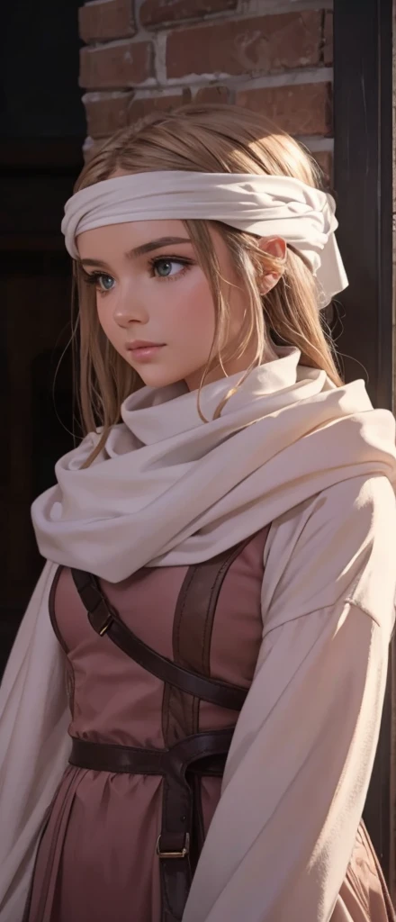 a beautiful girl , standing alone with a cowl headband, profile view looking at the viewer, extremely detailed eyes and face, masterpiece, best quality, high resolution, photorealistic, ultra-detailed, intricate details, delicate features, soft lighting, warm color tones, elegant, feminine, graceful, serene expression