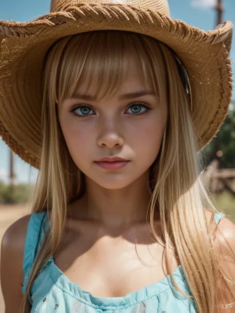 1girl, cute blonde girl, hair bangs, cowboy hat, brown cowboy dress, cyan eyes, ultra realistic soft skin, extreme detail, high ...