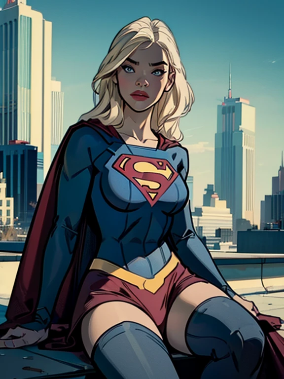 supergirl sitting on a rooftop building, wearing Supergirl outfit, lost in deep thought, looking at the city, perfect eye, beautiful highly detailed eyes, beautiful blue eyes, both eyes are similar, beautiful detailed lips, extremely detailed face, long eyelashes, beautiful detailed tight costume, tight figure, blonde hair, big breasts, dynamic pose, cinematic lighting, epic cityscape, moody atmosphere, dramatic shadows, vibrant colors, photorealistic, 8k, best quality, hyper detailed, masterpiece