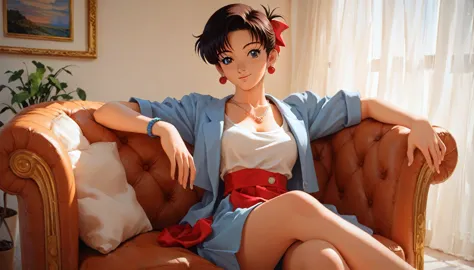 anime girl sitting on a sofa with a necklace around her neck and winking, anime atmosphere, anime style 4 k, 90s anime art style...