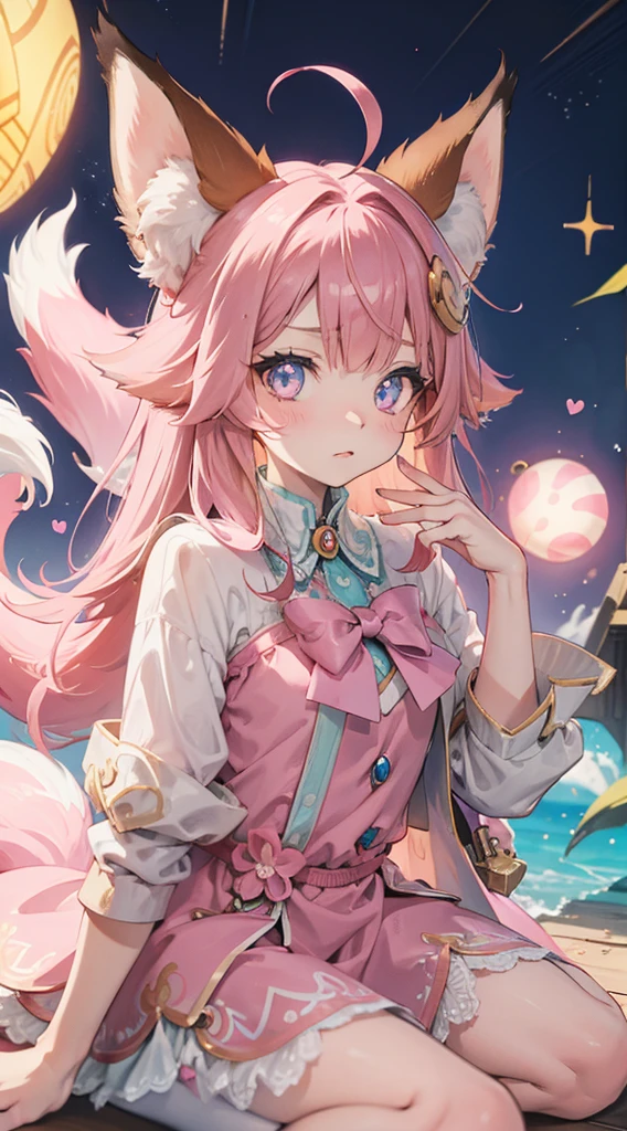 Fox Girl，Fox ears，Fox Tail，Big furry tail，Big furry ears，大号Fox ears，巨大Fox ears，Big furry ears，Pink Hair，Pink hair，Pink Hair，Long hair，Wearing hair，style of magical girl洛丽塔服装，Pink Lolita costume，Pink dress，style of magical girl，Sister，cute，Shy，Close-up above the waist，cute