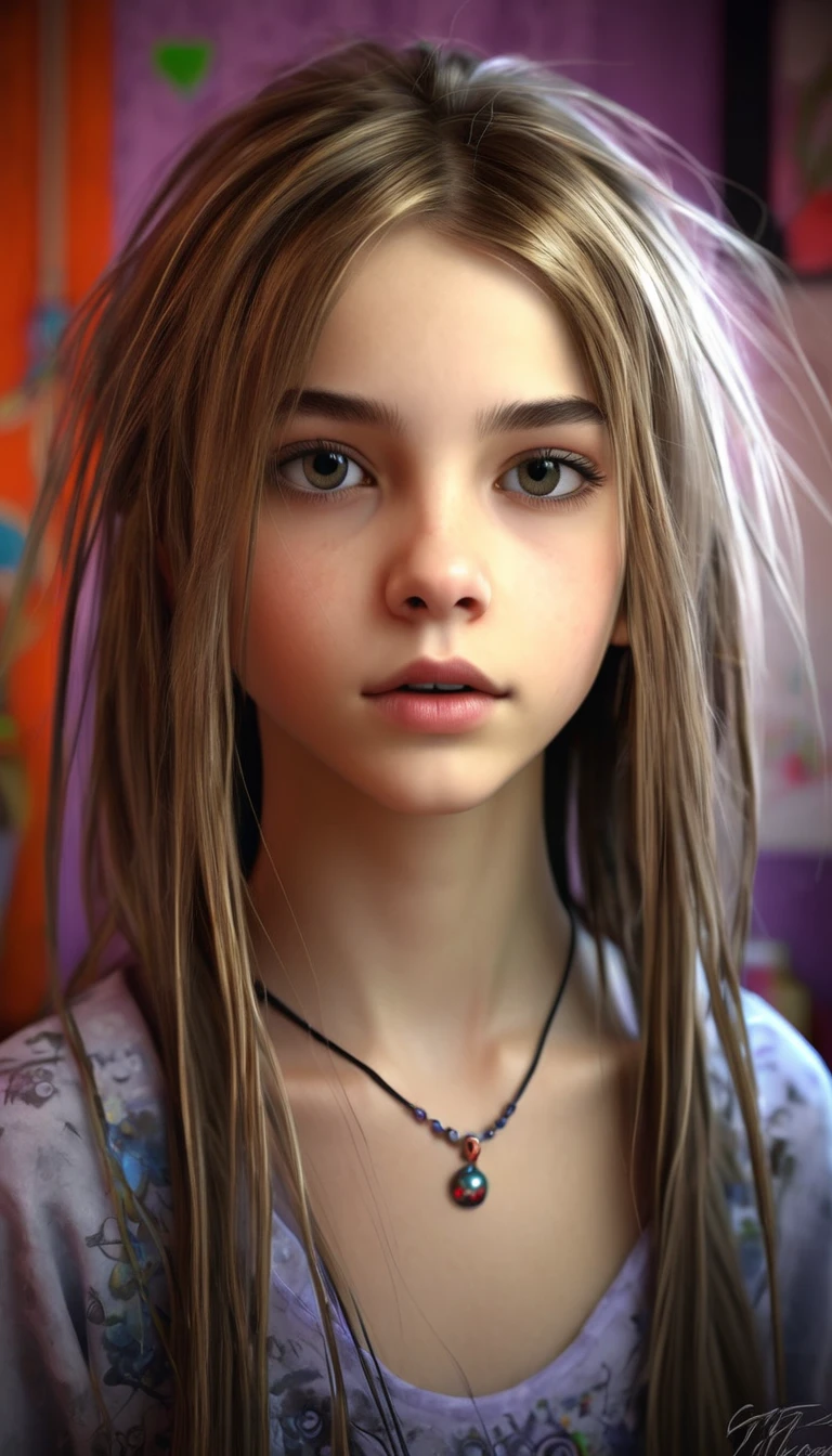 13 year old girl in her bedroom, with big toys ,skinny, slim, strange, Gentle, hair decoration , very detailed realistic texture, digital painting, very detailed photo