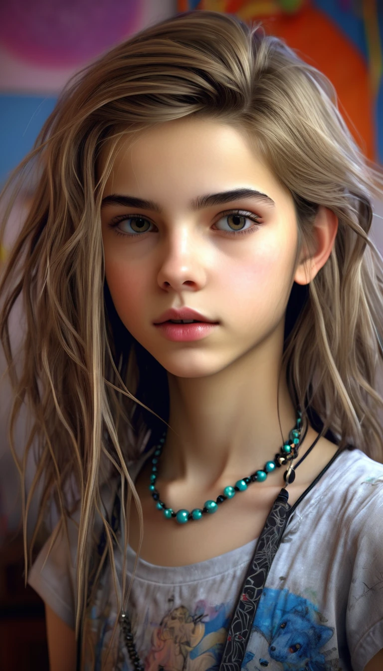 13 year old girl in her bedroom, with big toys ,skinny, slim, strange, Gentle, hair decoration , very detailed realistic texture, digital painting, very detailed photo