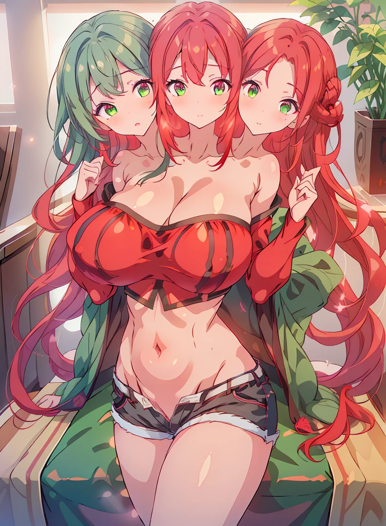 (masterpiece),best quality:1.5, ultra-detailed, high resolution, high quality, 16K, ((3heads:1.5)), ((red hair)),(1girl), conjoined twins, girl with two heads cleavage, ((red crop top)), shorts, (green eyes), long hair, sexy woman, gentle smile, seductive woman, sexy silhouette, blushing, open belly, open breasts, huge breasts,
